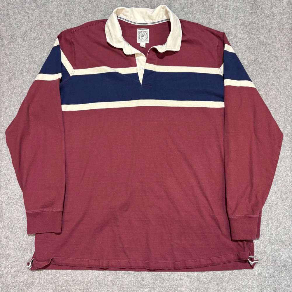 Lands End Mens 3XL Tall Rugby Shirt Long Sleeve Burgundy Navy Striped Cotton